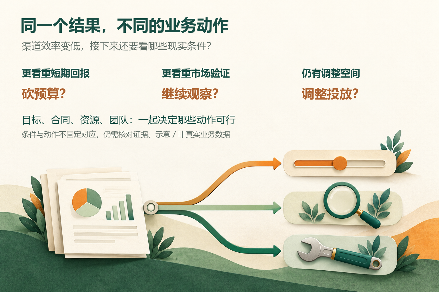 图1：同一个渠道效率结果，行动仍取决于目标与现实约束；图中是条件举例，不是固定决策公式。